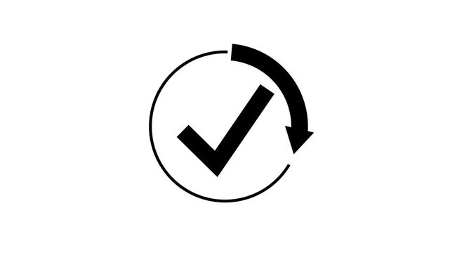 Check mark with round arrow process. Symbol of ISO standard. Icon of compliance on white background.