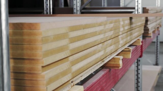 Detailed close up of stacked wooden panels on warehouse shelves showing material texture and organized industrial storage environment.