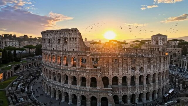 Epic Colosseum Aerial Sunrise Flyover Rome Italy Ancient Landmark
