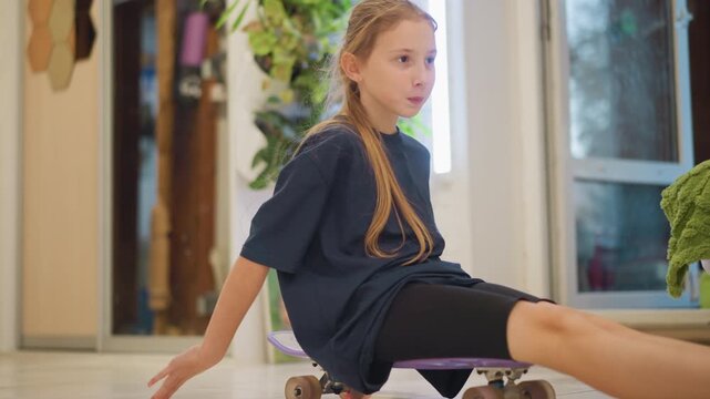 White girl on skateboard inside home living room, braided hair, sliding across tile floor past potted plant and paintings, sibling sulking on green couch, warm natural light, casual socks and shorts,