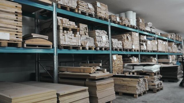 Industrial storage area with stacked wooden boards and timber materials on metal shelves in workshop warehouse environment showing raw material supply.