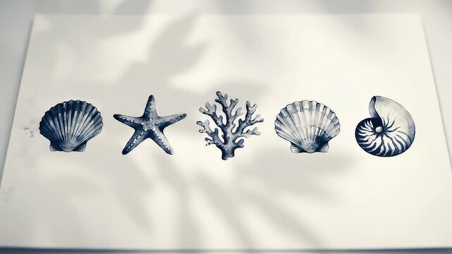 Close up view of various marine shells and coral on white background with shadows