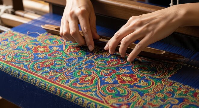 Artisan carefully manipulates threads on a wooden loom creating richly patterned fabric