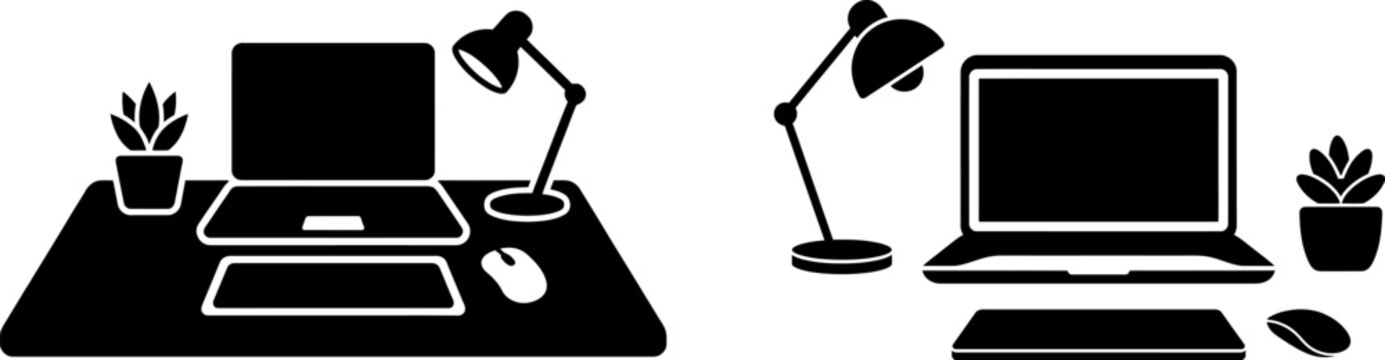 A minimalist black and white vector illustration showing two identical modern desktop workspaces