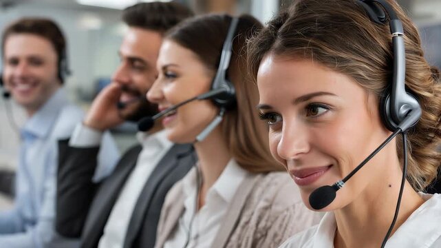 Smiling call center operators wearing headsets engage with customers in a modern office setting during a busy workday