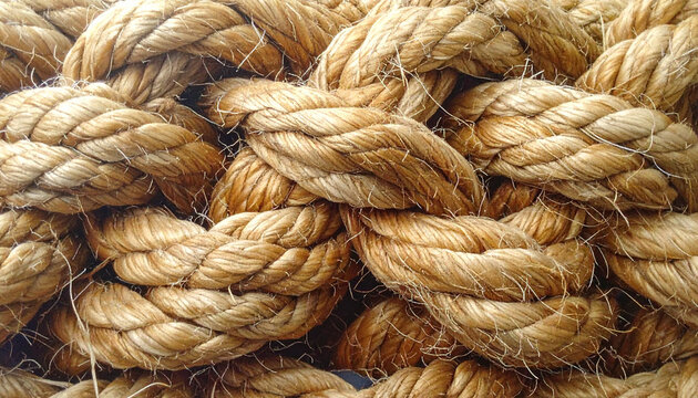 Close up of a tightly woven natural rope showing intricate texture and detail