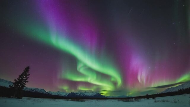 a stunning and dramatic view of the Aurora Borealis (Northern Lights) over the snowy mountains.