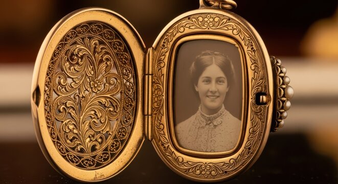 Antique golden oval locket displays an engraved floral panel and a sepia-toned portrait photograph.