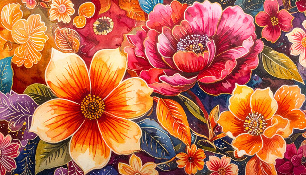 Vibrant floral design with colorful blossoms and intricate details for art prints