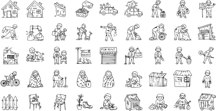 Poverty and Homelessness Doodle Icon Set: Hand-Drawn Illustrations of Social Issues, Hardship, Begging, and Destitution