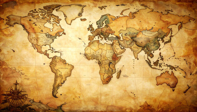 Vintage world map depicting continents and oceans on aged parchment paper