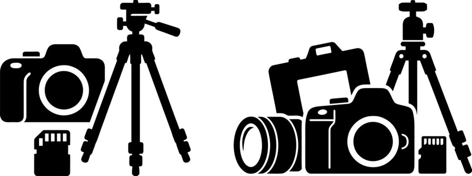 A collection of black camera silhouettes featuring tripods lenses and memory cards for media