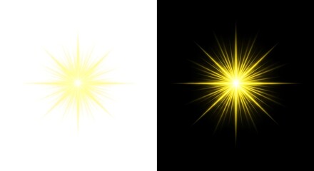 Fototapeta premium Bright yellow starburst light effect on white and black backgrounds glow