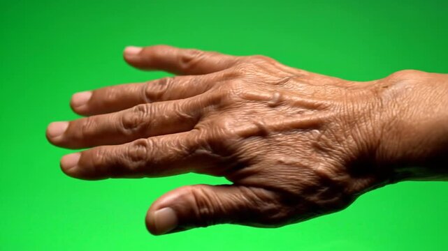 An aged human hand with visible veins and wrinkles against a vibrant green background.