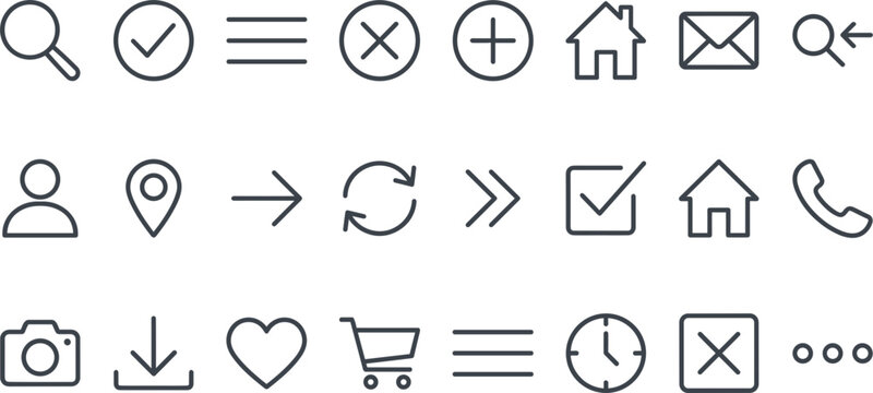 Clean minimal line icon set featuring navigation, communication, and user interface symbols for modern web and mobile application design