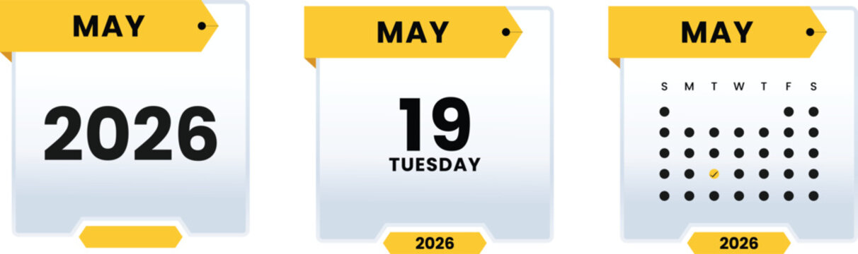 May 19 2026 Tuesday Calendar Icon Set Highlighting Specific Weekday Date with Monthly Grid View and Yearly Planner Graphic Elements for Digital Scheduling and Events