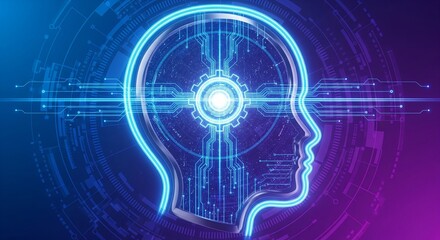 Obraz premium A futuristic human head with glowing blue circuits and lines against a purple background