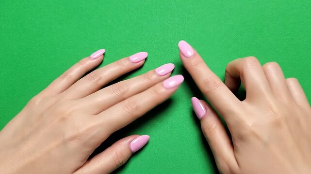 Close-up of two hands with pink almond nails on a vibrant green background.