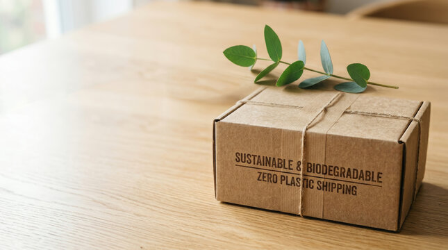 Peaceful cardboard box wrapped with string and green leaf rests on wood table bringing hope for our earth on beautiful day