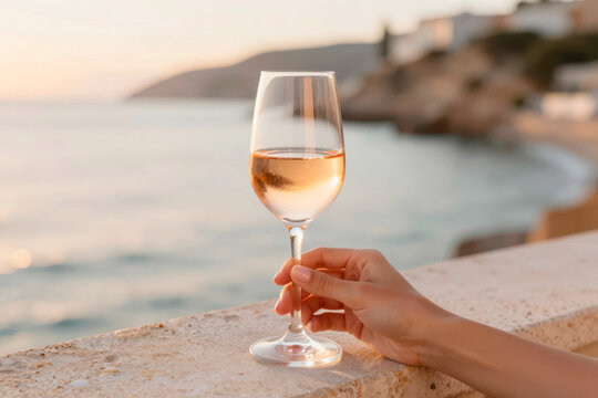 Woman holding glass of wine by the beach during sunset  