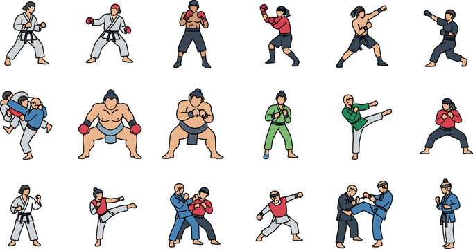 Martial Arts Action Illustration Set Featuring Fighters, Boxing, and Combat Poses