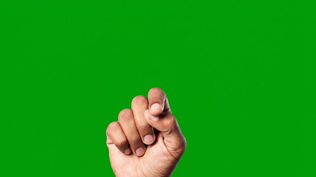 A close-up shot of a dark-skinned hand with fingers curled and thumb tucked in, against a vibrant green screen background.
