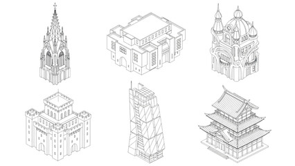 Fototapeta premium Diverse architectural building concepts in isometric line art illustration