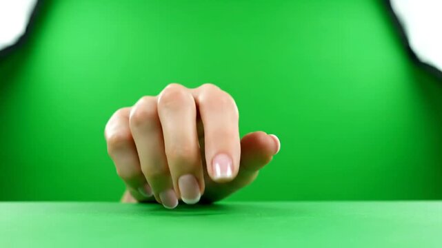 A close-up shot of a person's hand with light skin resting on a green surface with a green background, ready for chroma key compositing.