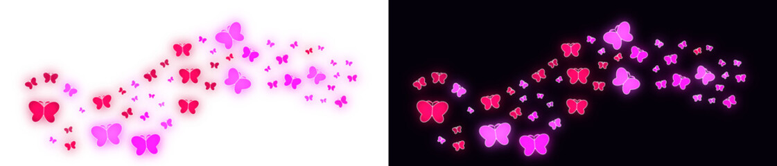 PNG image of A whimsical swarm of glowing pink and magenta digital butterflies of different sizes, flying in a wavy pattern on transparent background. © MariaAlam