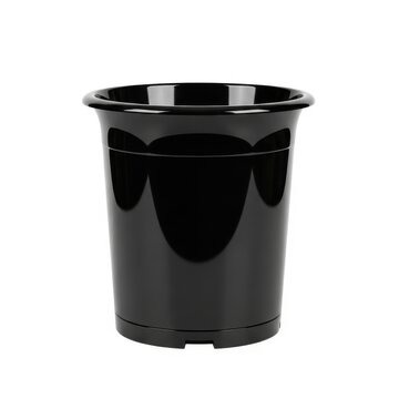 Large black plastic trash bin with smooth cylindrical design and sturdy base