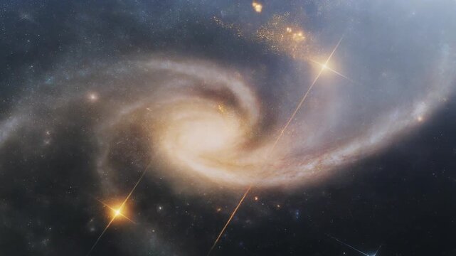 Massive spiral galaxy with glowing star clusters dynamic cosmic motion deep space background animation visual