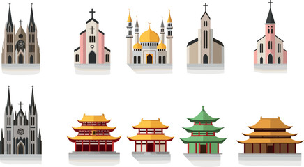 Obraz premium Religious and Cultural Architecture Illustration Set Featuring Churches, Mosques, Temples, and Pagodas