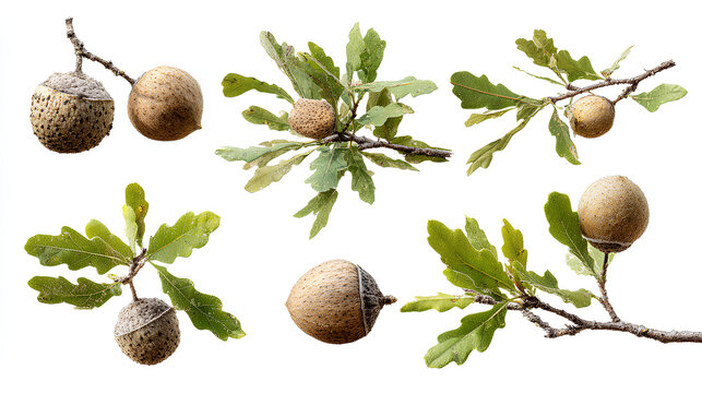 Set of Quercus faginea (The gall oak, holm oak or Valencian oak) isolated in sunny daylight on a white background background perfectly cutout Stock Illustration 