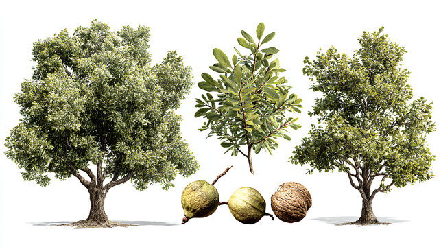 Set of Quercus faginea (The gall oak, holm oak or Valencian oak) isolated in sunny daylight on a white background background perfectly cutout Stock Illustration 