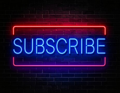 Neon Subscribe Sign on Dark Brick Wall &ndash; Glowing Social Media Concept