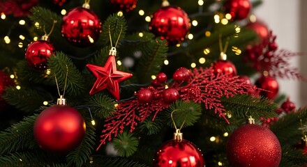 Obraz premium Close-up of a decorated evergreen tree with red ornaments and lights, festive atmosphere