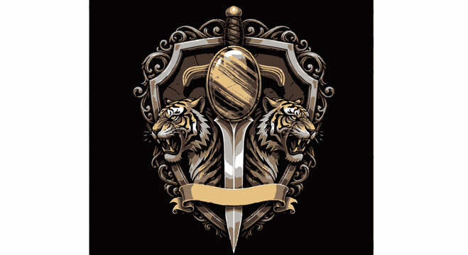 Heraldic Crest with Tigers and Sword - Vintage Emblem Design