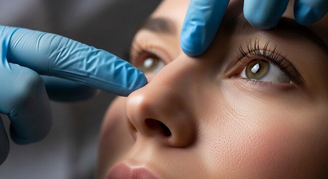 Close-up of a patient's face with a gloved hand touching the nose