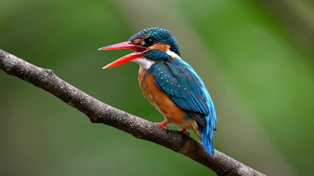 A vibrantly colored small bird with blue and orange plumage perches on a tree branch with its beak open