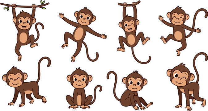 Set of Cute Cartoon Monkeys in Various Poses for Animal and Nature Illustrations