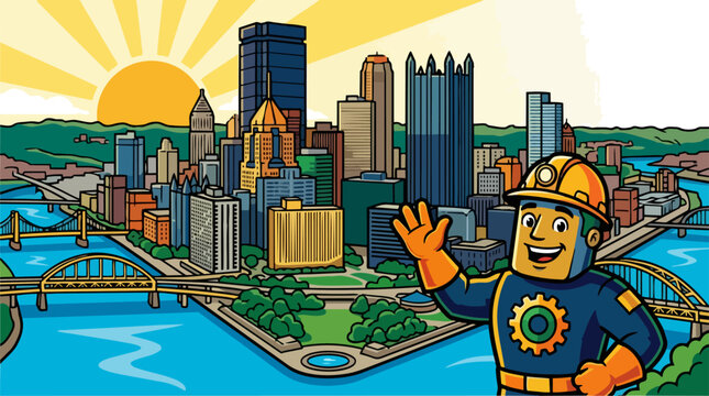 Lego worker cityscape background.