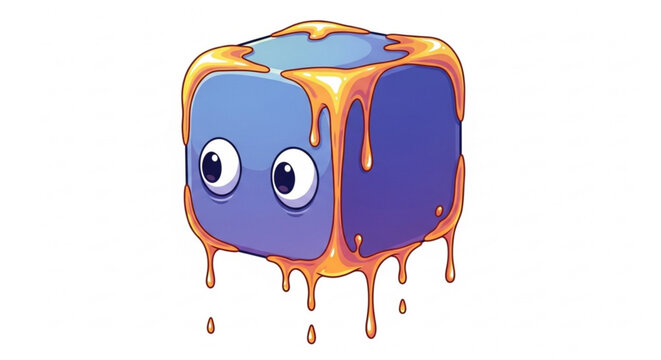 Cute blue slime cube with dripping honey-like substance, an adorable cartoon character illustration