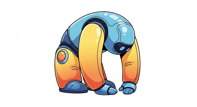 Cartoon robot bending over, with large yellow arms and blue body, illustrating a futuristic, AI-driven concept in a fun, playful style