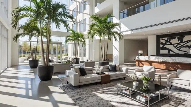 A spacious, well-lit interior lobby with modern furniture and large potted plants