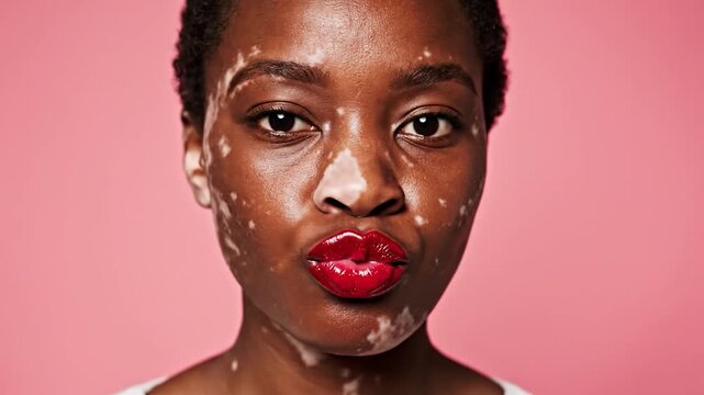 A person with a skin condition puckers their lips and smiles, showcasing their unique beauty and confidence with vibrant red lipstick