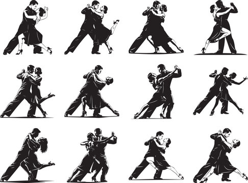 couples dancing tango in various poses vector illustration