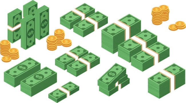 Stacks of dollar bills and gold coins representing money, wealth, and finance in vector illustration