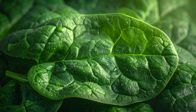 Close up of fresh green spinach leaf detailed texture and healthy food