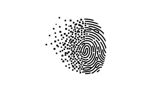 A black fingerprint icon with digital pixels on a white background
