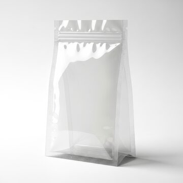 Clear resealable plastic pouch standing upright on a flat surface